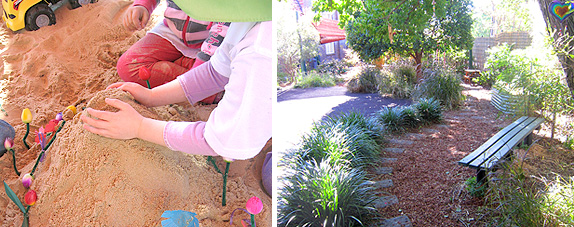 Photos of preschool rooms with craft activities and outdoor play area at Minooka Preschool Childcare Oatley